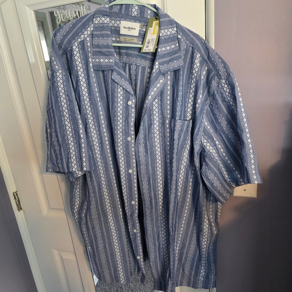Goodfellow & Co Mens 4XL Tall Blue Geometric Stripe Short Sleeve Camp Shirt NWT